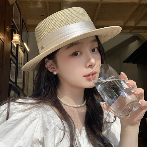 法式英伦复古平顶遮阳草帽女海边度假沙滩帽时尚草编大帽檐防晒帽