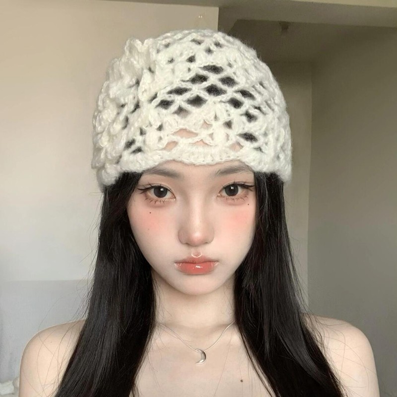 日系手工花朵镂空针织帽白色编织帽子包头帽秋冬百搭个性毛线帽女