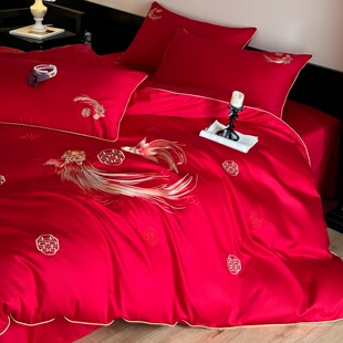 简约刺绣结婚庆大红色全棉四件套120支长绒棉纯棉刺绣被套A类床品