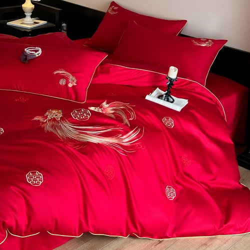 简约刺绣结婚庆大红色全棉四件套