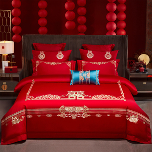 高档中式 大红色结婚四件套婚庆纯棉刺绣被套婚房喜被新婚陪嫁床品