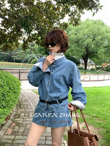 CZ正版美式复古牛仔套装女 宽松长袖衬衫高腰短裙两件套早秋港风