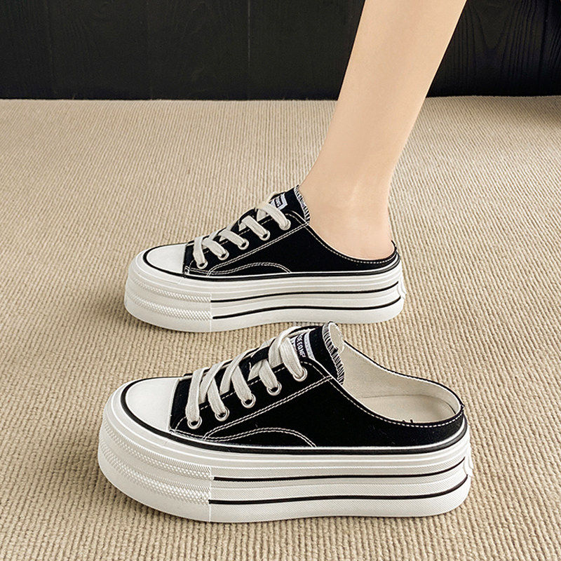 包头半拖鞋女款2026新款夏季厚底一脚蹬学生板鞋无后跟外穿帆布鞋