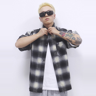 西海岸奇卡诺old school经典美式大格子重磅口袋大码宽松短袖衬衫