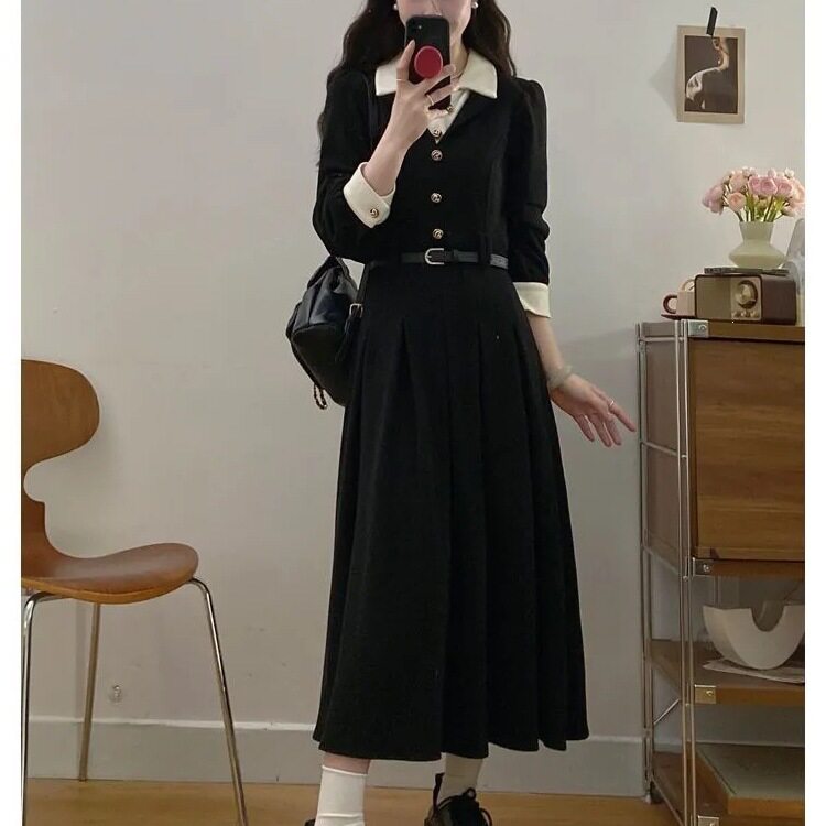 春秋法式气质黑色长袖连