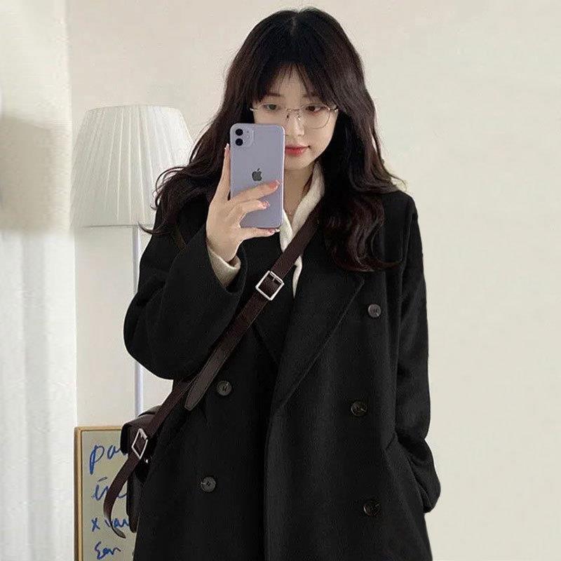 双排扣黑色毛呢外套女赫