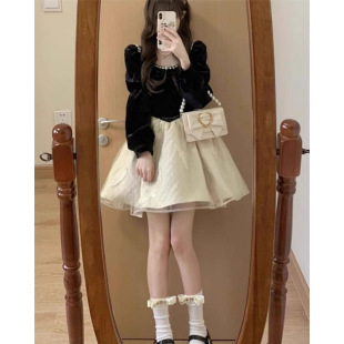 法式黑色长袖连衣裙女秋冬小个子感富家千金公主蓬蓬礼服短裙