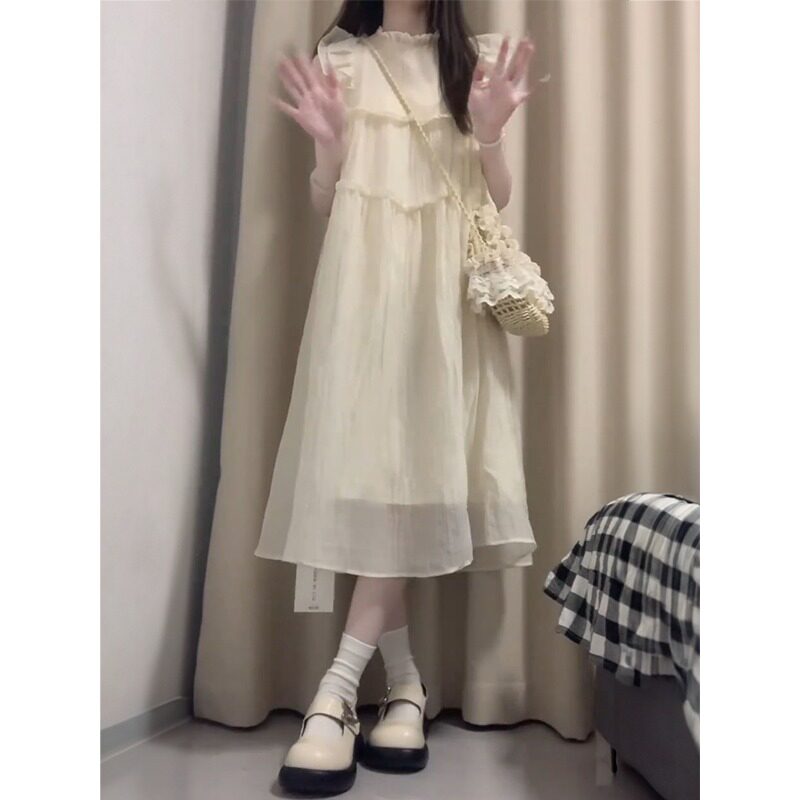 法式气质拼接小飞袖连衣裙学生夏季新款宽松显瘦荷叶边仙女裙chic