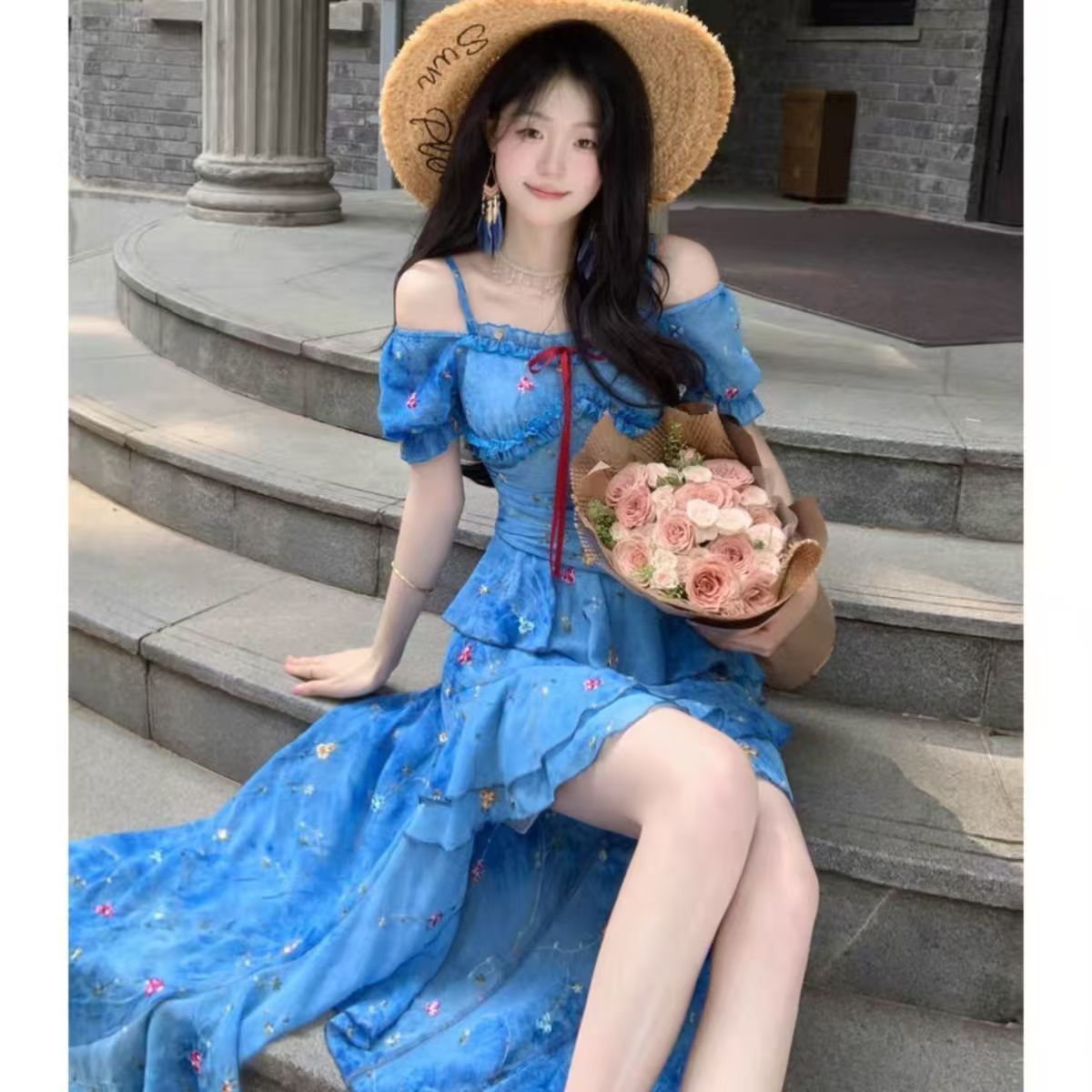 法式气质海边度假连衣裙