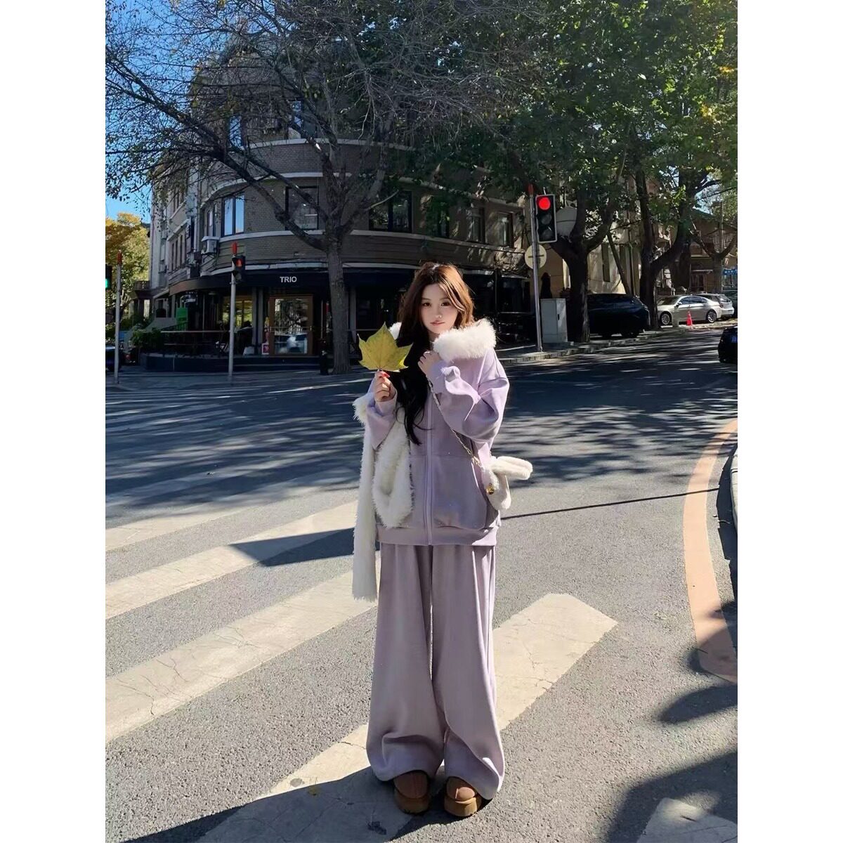 爆闪烫钻毛领加绒卫衣长裤套装女微胖大码保暖两件套装bf港风chic