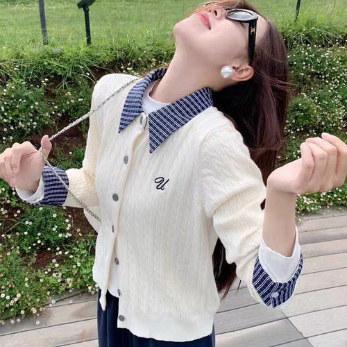 假两件格子拼接翻领针织