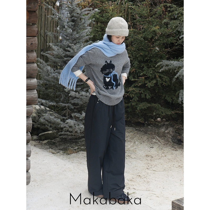 冬日LOOK 猫咪提花图案针织毛衣女2025秋冬宽松慵懒圆领长袖上衣