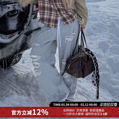 CHEERi UPi休闲宽松破洞条纹阔腿卫裤女26春夏新款