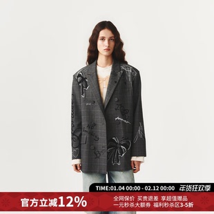 FORDARE福蝶涂鸦感蝴蝶结印花格纹西装外套女26新款