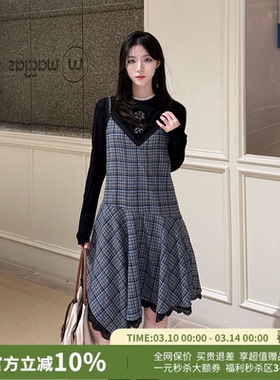YANAG风中圆舞曲羊毛格子蕾丝吊带连衣裙26春夏新款