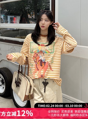 CHEERi UPi复古马上有钱印花假两件橙白条纹T恤女26春夏新款