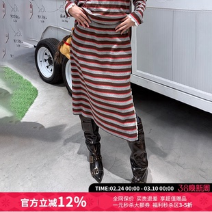 CHEERi UPi复古宽松条纹正反两穿中长款直筒半身裙女26春夏新款