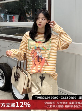 CHEERi UPi复古马上有钱印花假两件橙白条纹T恤女26春夏新款