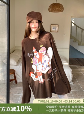 YANAG搬城堡天使印花天丝羊毛长袖T恤女26春夏新款