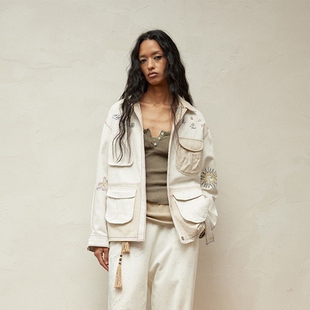 square circle方圆海洋绣花拼色刺绣亚麻外套女新款