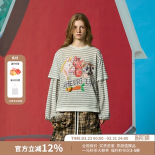 T恤女26春夏新款 CHEERi UPi休闲宽松三个好马友条纹假两件长袖