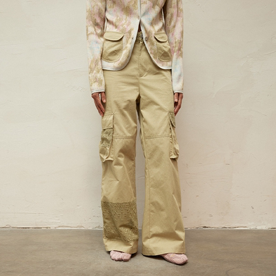 方圆度假感蕾丝拼接工装长裤女