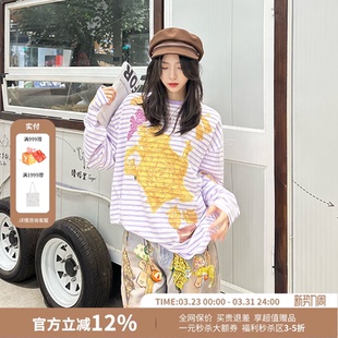 T恤女26春夏新款 CHEERi UPi千金一壶紫白条纹长袖