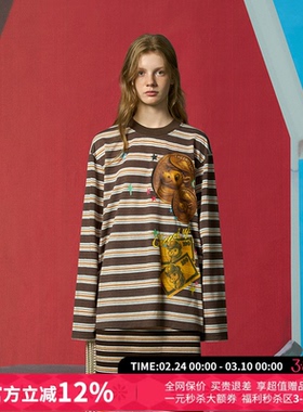 CHEERi UPi复古宽松马币马钞棕橙条纹长袖打底T恤女26春夏新款