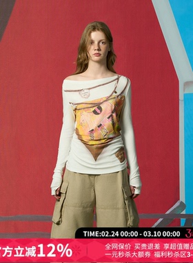 CHEERi UPi休闲丝巾胸巾印花修身斜肩长袖打底T恤女26春夏新款