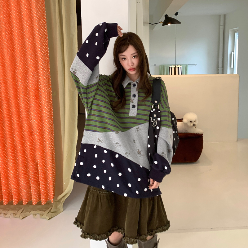 斑点条纹POLO领长袖卫衣女秋新