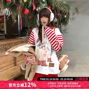 CHEERi UPi拍马屁印花红白条纹拼接圆领套头长袖T恤女26春夏新款