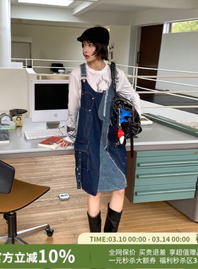 YANAG宽松休闲倒装牛仔深浅拼接背带裙女26春夏新款