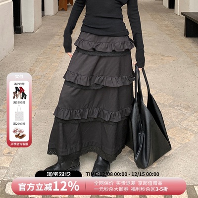 设计师品牌AndAnything黑色多层格纹蛋糕花边半身裙女25秋冬新款