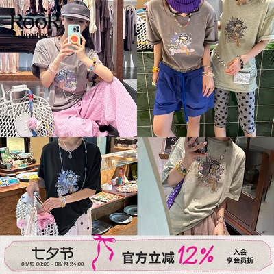 夏季手绘做旧恶搞小鸭短袖T恤女