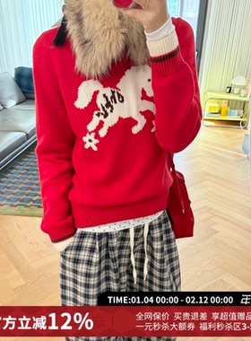 Ahhh宽松慵懒保暖复古撞色圆领小马提花长袖针织毛衣女2025新款冬