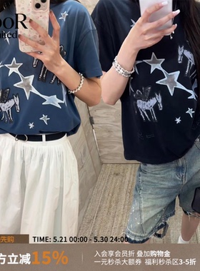 LOGE32小飞马涂鸦星星水洗短袖宽松T恤女26春夏新款