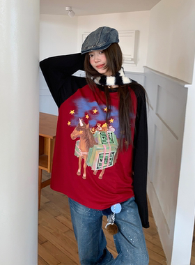 YANAG休闲宽松马上有钱印花插肩长袖T恤女26春夏新款