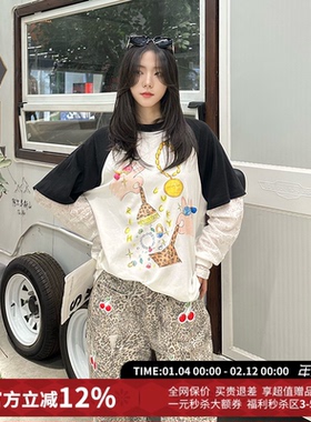 CHEERi UPi宽松百搭财源广进假两件拼蕾丝长袖T恤女26春夏新款