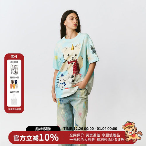 FORDARE福蝶趣味涂鸦带红围巾的雪人小熊T恤短袖秋新款