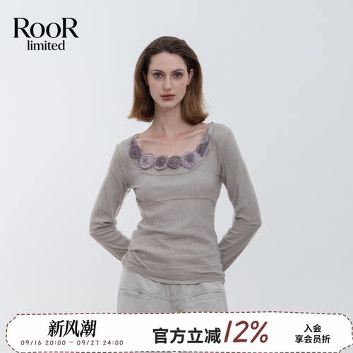 繁花绣双层纱圆领长袖女T恤