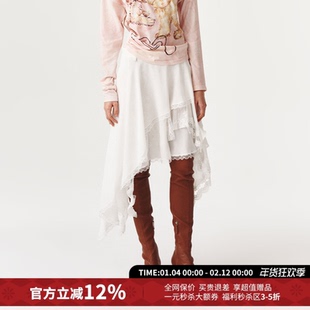 FORDARE福蝶白色蕾丝拼接不规则荷叶边半身裙26春夏新款