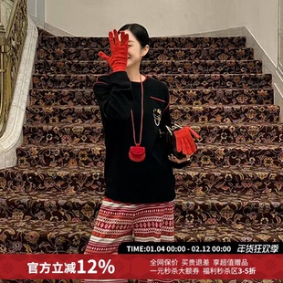 SELALAGU X OITMMTIO黑色恶搞黑金刺绣羊绒混纺上衣河岸家美物馆