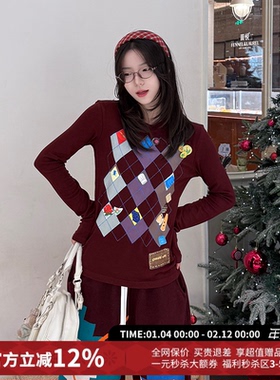 CHEERi UPi休闲多彩菱形格长袖T恤打底衫女26春夏新款