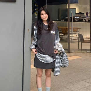 丿未PUREVENUS休闲宽松一串葡萄格纹拼接长袖T恤女26春夏新款