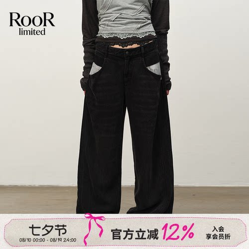 方圆印花拼接黑色女牛仔裤秋季