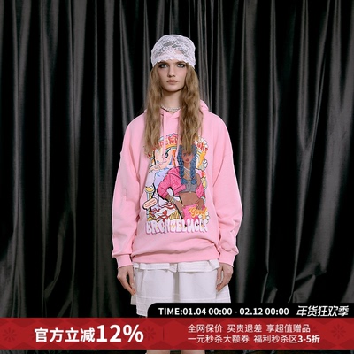 Bronze Lucia宽松粉色黑皮辣妹套头连帽卫衣女25秋冬新款