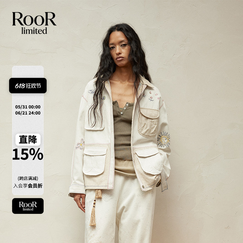 square circle方圆海洋绣花拼色刺绣亚麻外套女新款