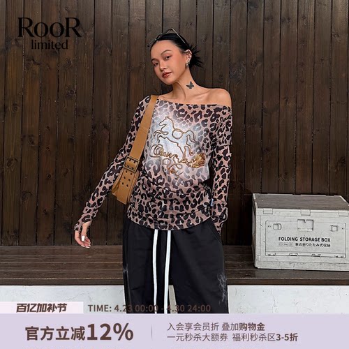 豹纹小马长袖一字肩T恤女春夏