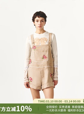 FORDARE福蝶卡其色玫瑰花刺绣毛边背带裤26早春新款