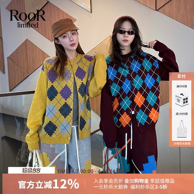 CHEERi UPi拼色马赛克菱形格羊毛开衫女26春夏新款